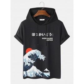 Mens Japanese Wave Print Short Sleeve Drawstring Hooded T-Shirts