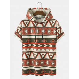 Mens All Over Colorful Geometric Print Corduroy Short Sleeve Hooded T-Shirts