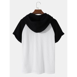 Mens Ribbed Knit Patchwork High Low Preppy Raglan Sleeve Hooded T-Shirts