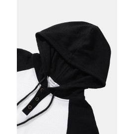 Mens Ribbed Knit Patchwork High Low Preppy Raglan Sleeve Hooded T-Shirts