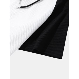 Mens Ribbed Knit Patchwork High Low Preppy Raglan Sleeve Hooded T-Shirts