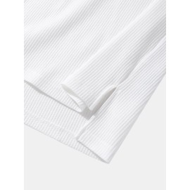 Mens Ribbed Knit Patchwork High Low Preppy Raglan Sleeve Hooded T-Shirts