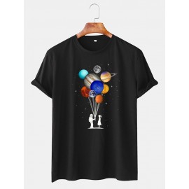 Mens Cotton Astronaut Colorful Planet Print O-Neck Casual Short Sleeve T-Shirts