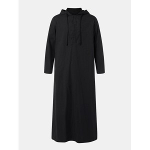Men Cotton Middle Robe Solid Long Sleeve Hooded T-Shirt