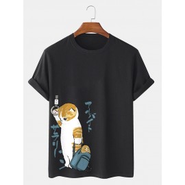 Mens Japanese Style Cat Print Crew Neck Cotton Short Sleeve T-Shirts