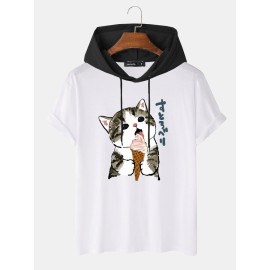 Mens Cute Cat Japanese Print Short Sleeve Drawstring Hooded T-Shirts