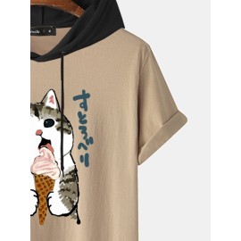 Mens Cute Cat Japanese Print Short Sleeve Drawstring Hooded T-Shirts