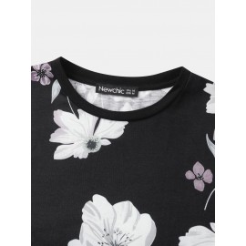 Mens Floral Print Black Crew Neck Short Sleeve Street T-Shirt
