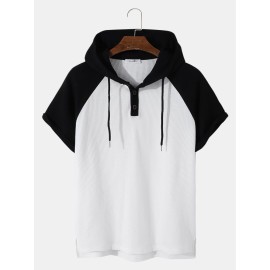 Mens Ribbed Knit Patchwork High Low Preppy Raglan Sleeve Hooded T-Shirts