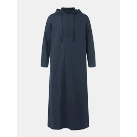 Men Cotton Middle Robe Solid Long Sleeve Hooded T-Shirt