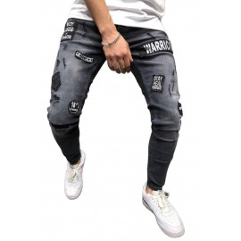 Men's Black Ripped Badge Applique Stiletto Jeans