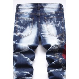 Men's Washed Indian Pattern Embroidery Slim-fit Jeans