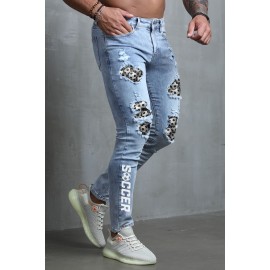 Sky Blue Soccer Printed Patchwork Distressed Men's Skinny Jeans