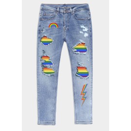 Sky Blue Rainbow Print Patchwork Skinny Distressed Men's Jeans