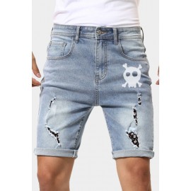 Sky Blue Skull Print Rolled Hem Ripped Men's Denim Shorts