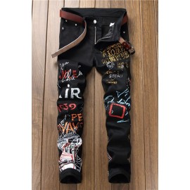 Black Letter Printed Buttoned Straight Leg Men's Jeans