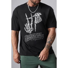 Black Skeleton Gesture Letter Print Men's Oversized Tee