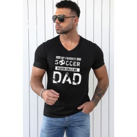 Black SOCCER DAD Letter Graphic Print V Neck T Shirt