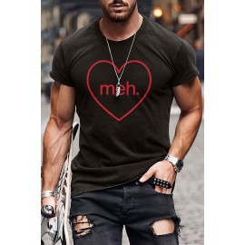 Black meh. Heart Shaped Print Crewneck Short Sleeve Men's Tee