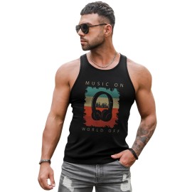 Black Music On World Off Headphone Print Men's Tank Top