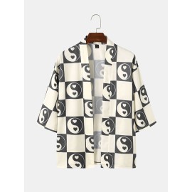 Mens Heart Yin Yang Pattern Open Front Casual Loose Kimono