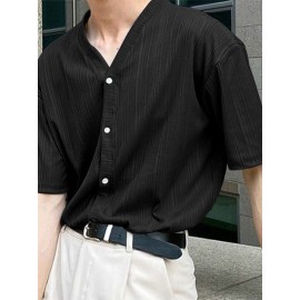 Mens Striped Texture V-Neck Short Sleeved Shirt