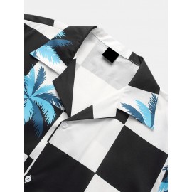 Mens Palm Tree Checkered Print Revere Holiday Short Sleeve Shirts