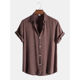 Mens Pure Color Lapel Button Up Cotton Basics Short Sleeve Shirts