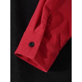 Mens Contrast Patchwork Geometric Pattern Embroidered Corduroy Long Sleeve Shirts