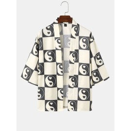 Mens Heart Yin Yang Pattern Open Front Casual Loose Kimono