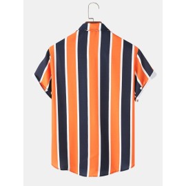 Mens Holiday Wide Striped Button Up Short Sleeve Shirts