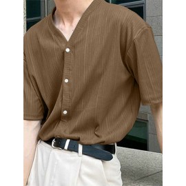 Mens Striped Texture V-Neck Short Sleeved Shirt