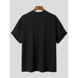 Mens Striped Texture V-Neck Short Sleeved Shirt
