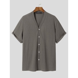 Mens Striped Texture V-Neck Short Sleeved Shirt