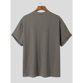 Mens Striped Texture V-Neck Short Sleeved Shirt