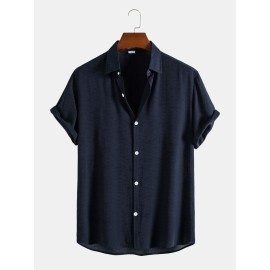 Mens Pure Color Lapel Button Up Cotton Basics Short Sleeve Shirts