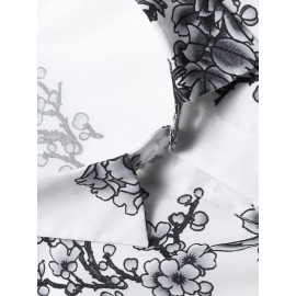 Mens Chinese Style Porcelain Floral Printed Short Sleeve Turn Down Collar Casual Shirt