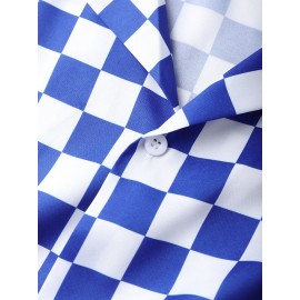 Mens Checkered Plaid Revere Collar Street Short Sleeve Shirts