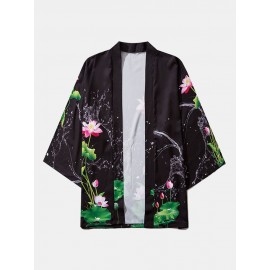 Mens Lotus Printed Open Front Loose 3/4 Sleeve Kimono