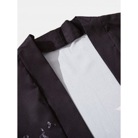 Mens Lotus Printed Open Front Loose 3/4 Sleeve Kimono