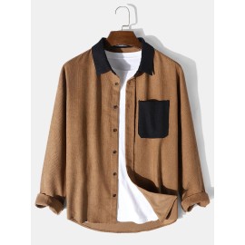 Mens Corduroy Contrast Collar Button Up Long Sleeve Shirts