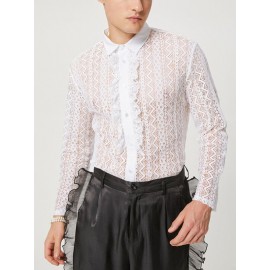 Mens See-Through Lace Crochet Ruffle Front Shirt